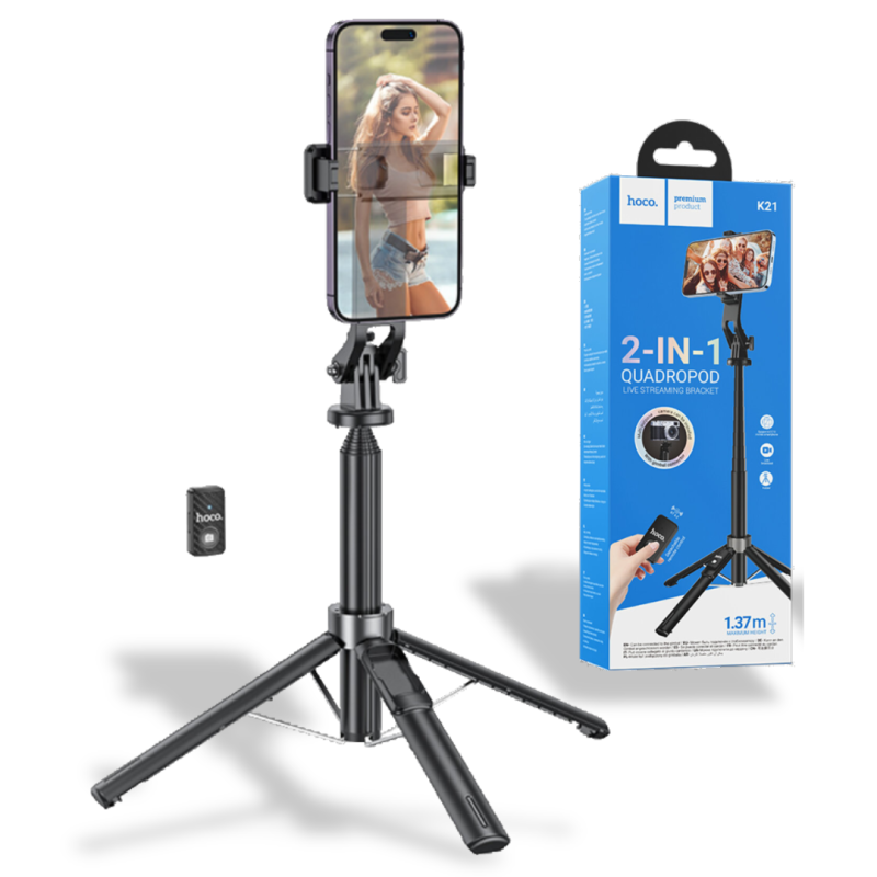 Штатив монопод для телефону HOCO K21 із Bluetooth пультом і треногою 2в1, телескопічна селфі-палка, чорний
