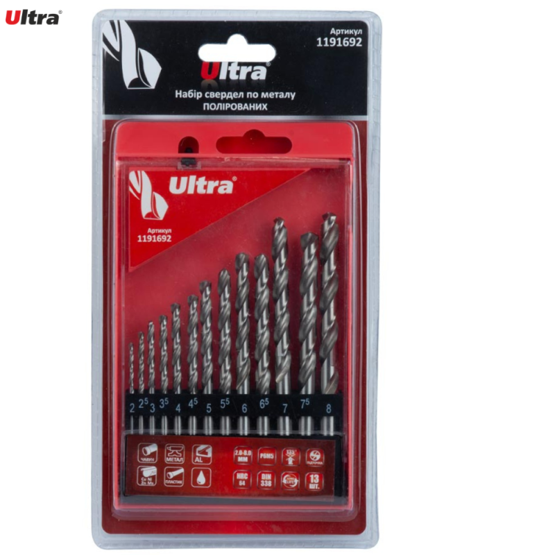 Набір свердел по металу Р6М5 полірованих 13шт 2.0-8.0мм (пласт кейс+блістер) ULTRA 191692